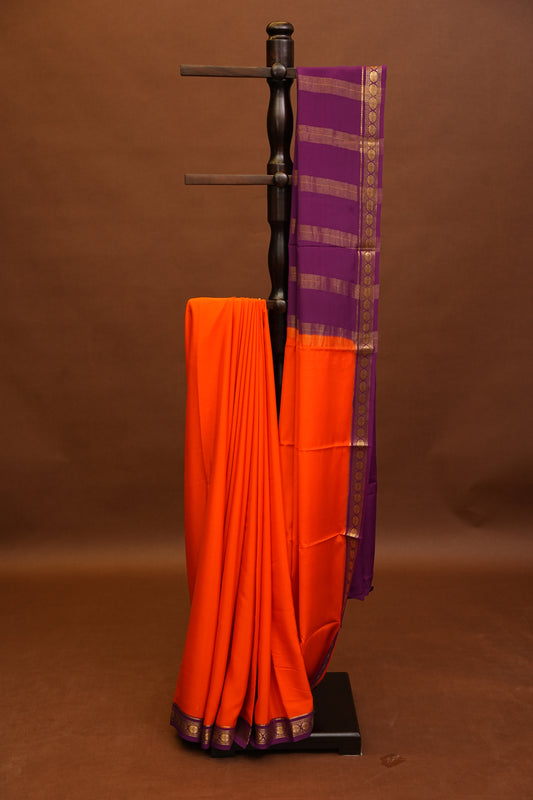 Plain Pure Crepe Mysore Silk Saree in Orange With Contrast Purple Border