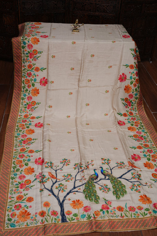Kashmiri Pashmina Story Telling Saree - Ivory