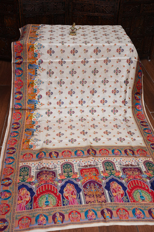Kashmiri Pashmina Story Telling Saree - Ivory
