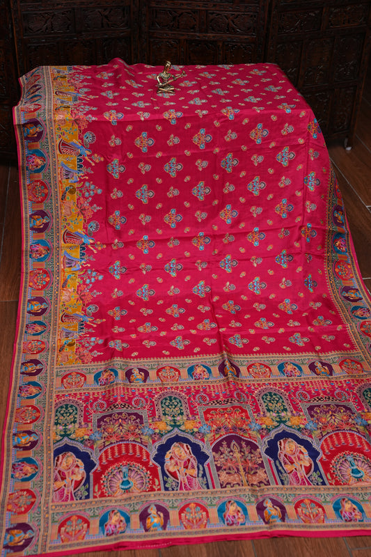 Kashmiri Pashmina Story Telling Saree - Pink