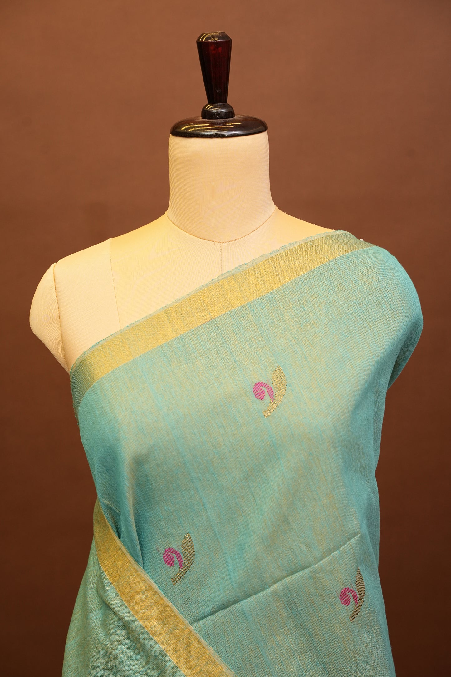 Tissue Linen Saree with Tassles - Aqua Green