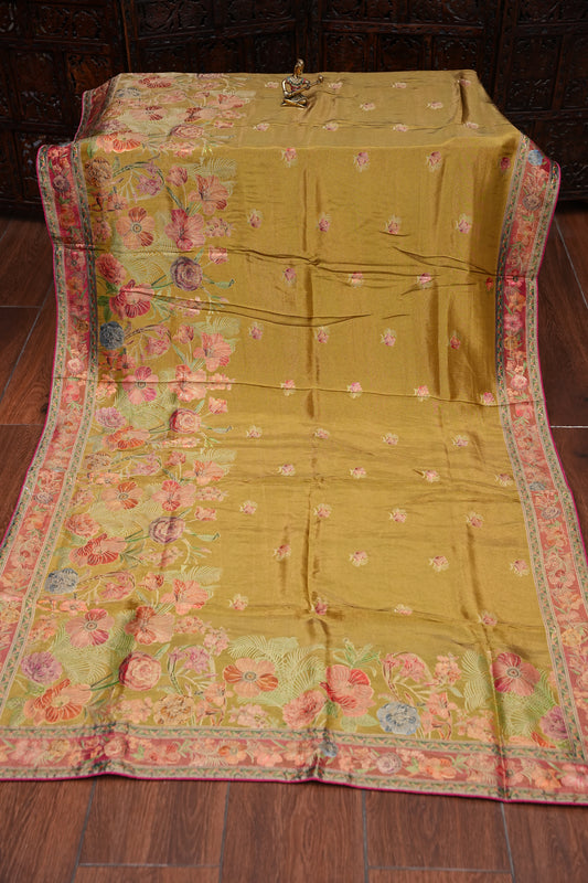 Kashmiri Pashmina Mellow Tissue Saree - Mustard Gold