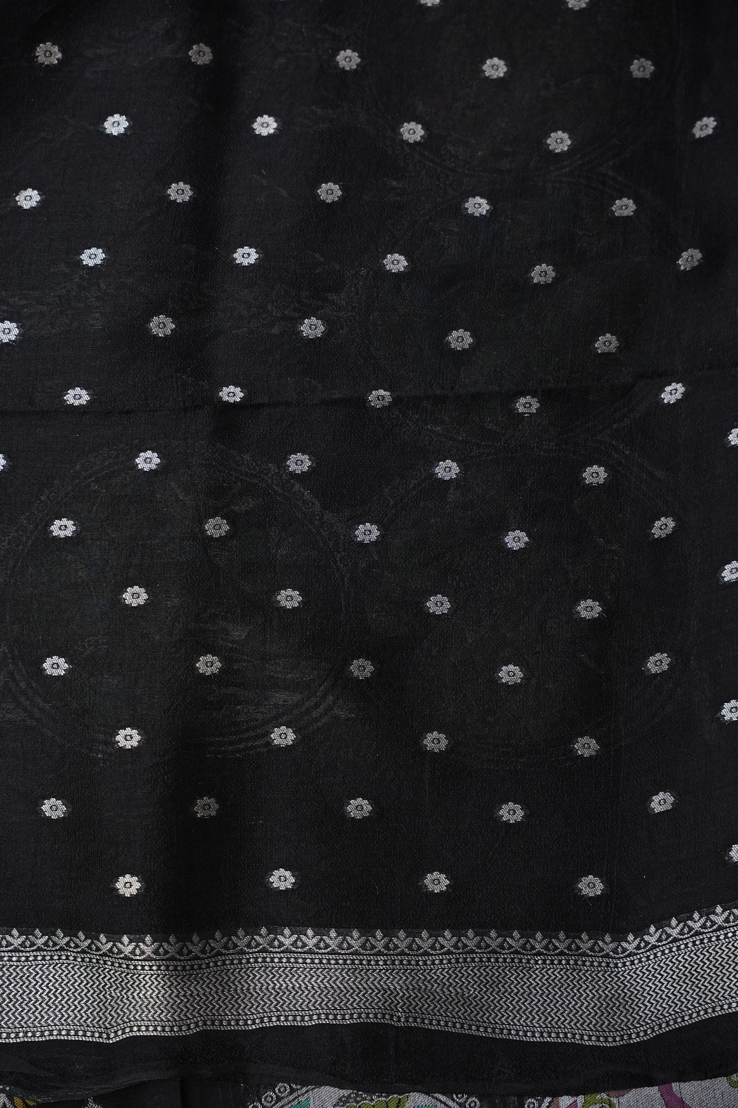 Tussar Banarasi Raw Silk Saree with Multicolour Floral Paithani & Shikargah Border – Black