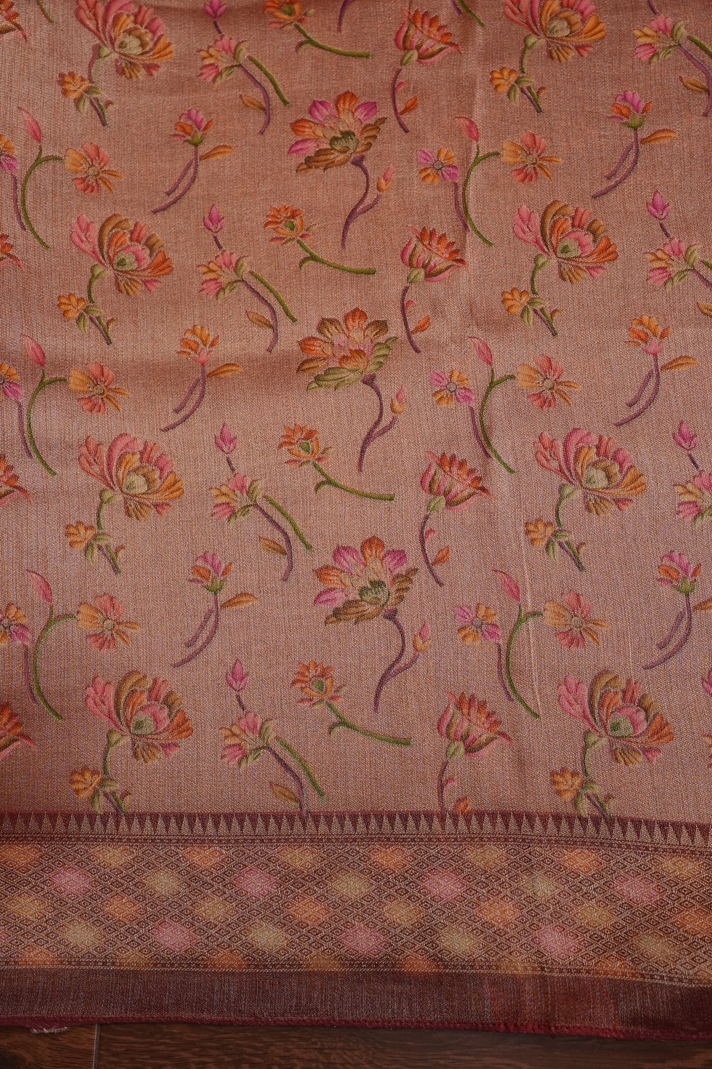 Pure Mellow Tissue Silk Saree with Floral Patterns - Rosewood Brown
