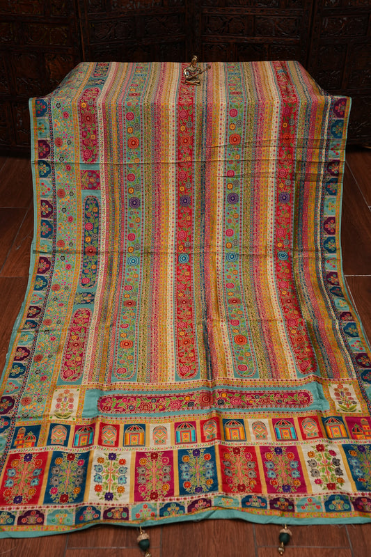Kashmiri Pashmina Story Telling Saree - Multicolor on Sea Green