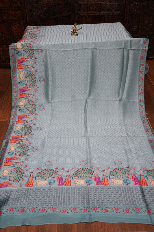 Kashmiri Pashmina Mellow Tissue Saree - Aqua Blue