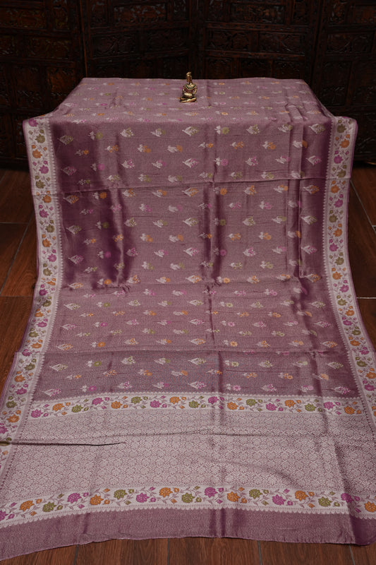 Mellow Wine Tissue Saree with Banarasi Silver Weaving & Paithani Borders
