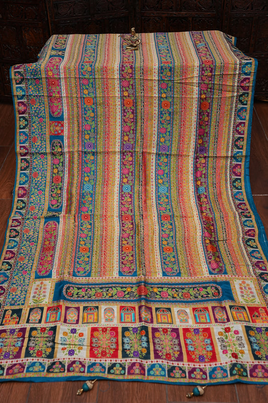 Kashmiri Pashmina Story Telling Saree -Multicolor on Teal Blue