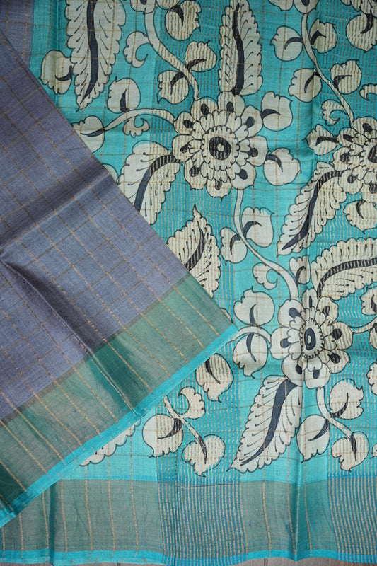 Premium Hand-Painted Tussar Silk Saree – Steel Grey with Aqua Blue Floral Pallu