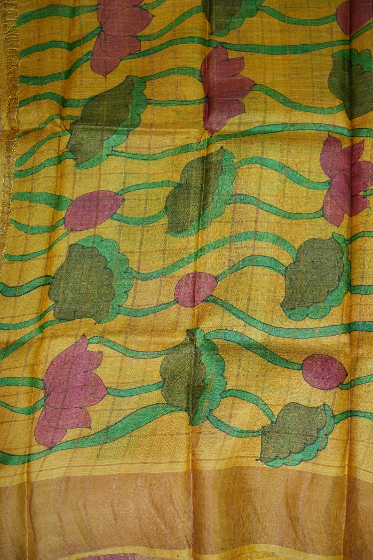 Premium Hand-Painted Tussar Silk Saree β Magenta with Mustard Yellow Lotus Pallu