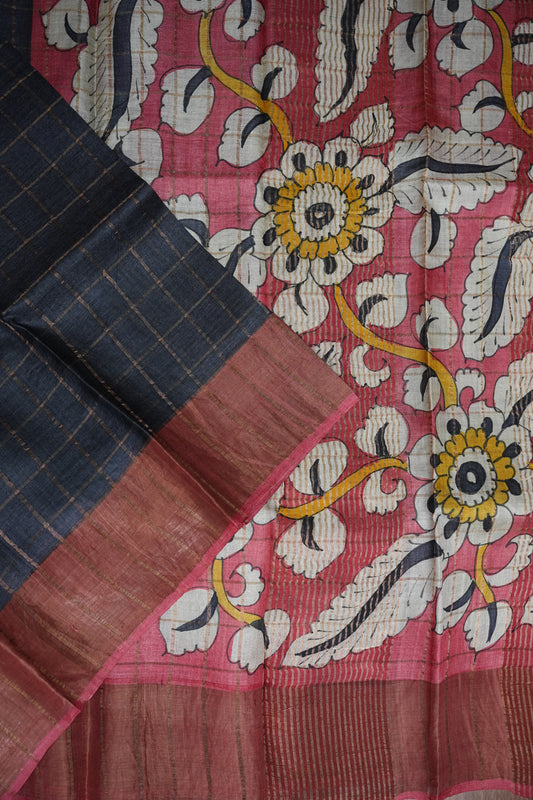 Premium Hand-Painted Tussar Silk Saree – Rich Dark Grey with Floral Kalamkari Pallu & Blouse