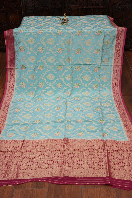 Banarasi Munga Silk Saree - Turquoise & Maroon