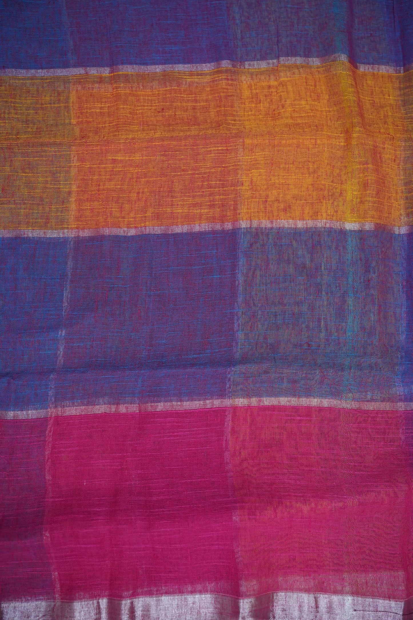 Multicolour Checked Linen Cotton Saree with Silver Zari Border