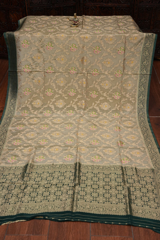 Banarasi Munga Silk Saree - Champagne Gold & Emerald green