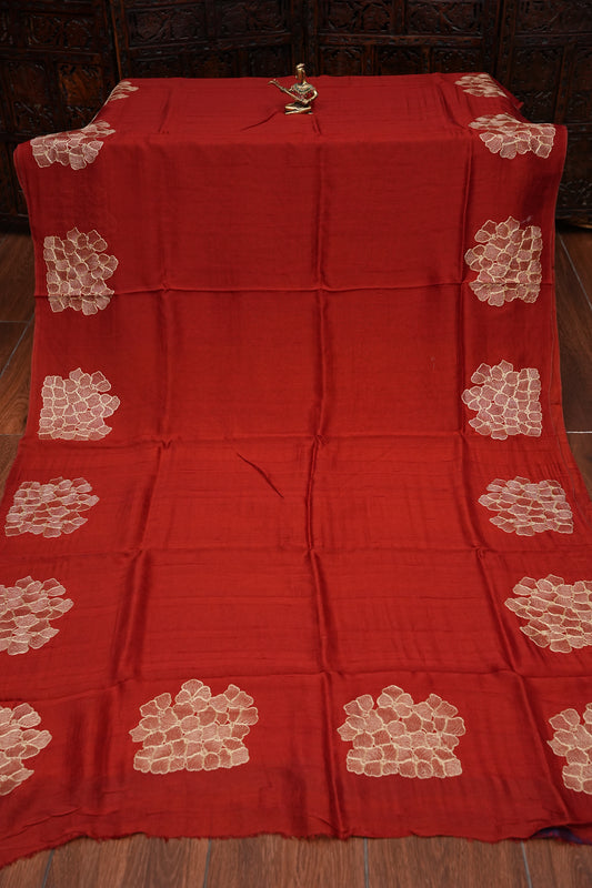 Tussar Banarasi Raw Silk Saree with Floral Zari Butta Weaving β Rust Orange