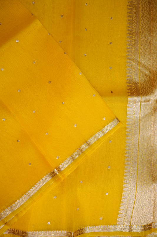 Sunshine Yellow Pure Organza Kora Banarasi Silk Saree|Silk Mark Certified
