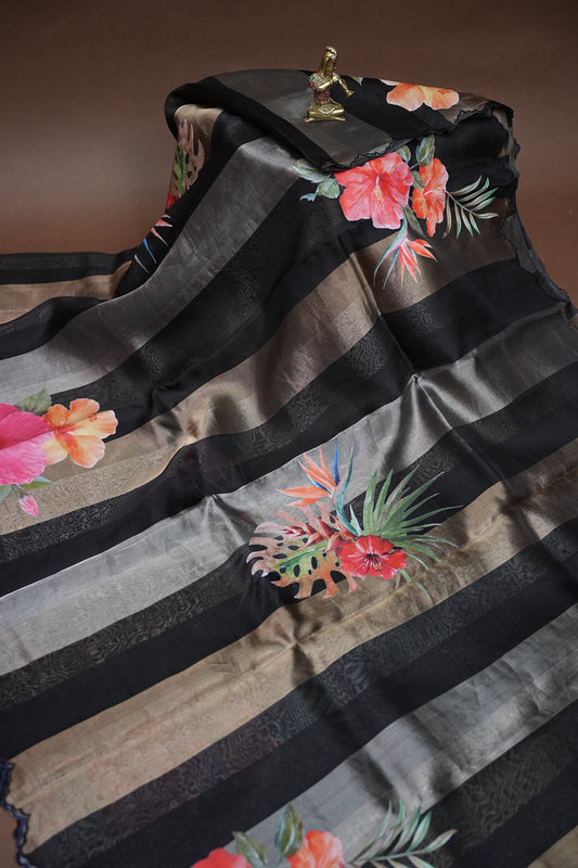 Pure Tissue Organza Silk Saree with Digital Floral Print-Black with Champagne Gold & Silver Tissue Stripes