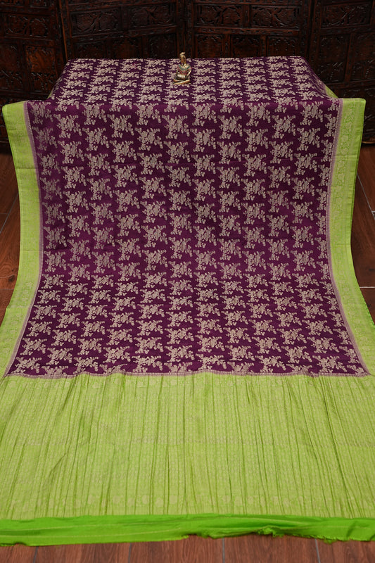 Georgette Silk Banarasi Saree - Wine & Lime Green