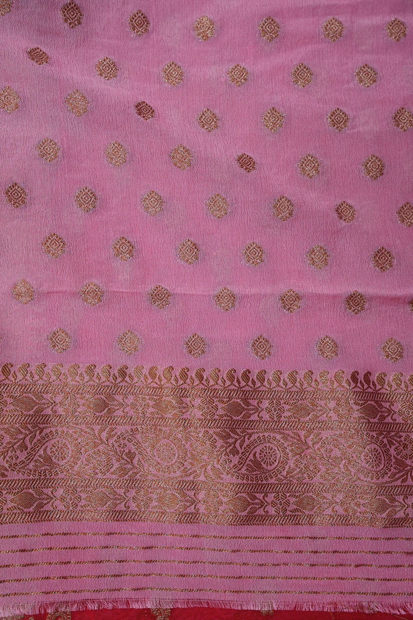 Banarasi Crepe Silk Georgette Saree – Red with Baby Pink