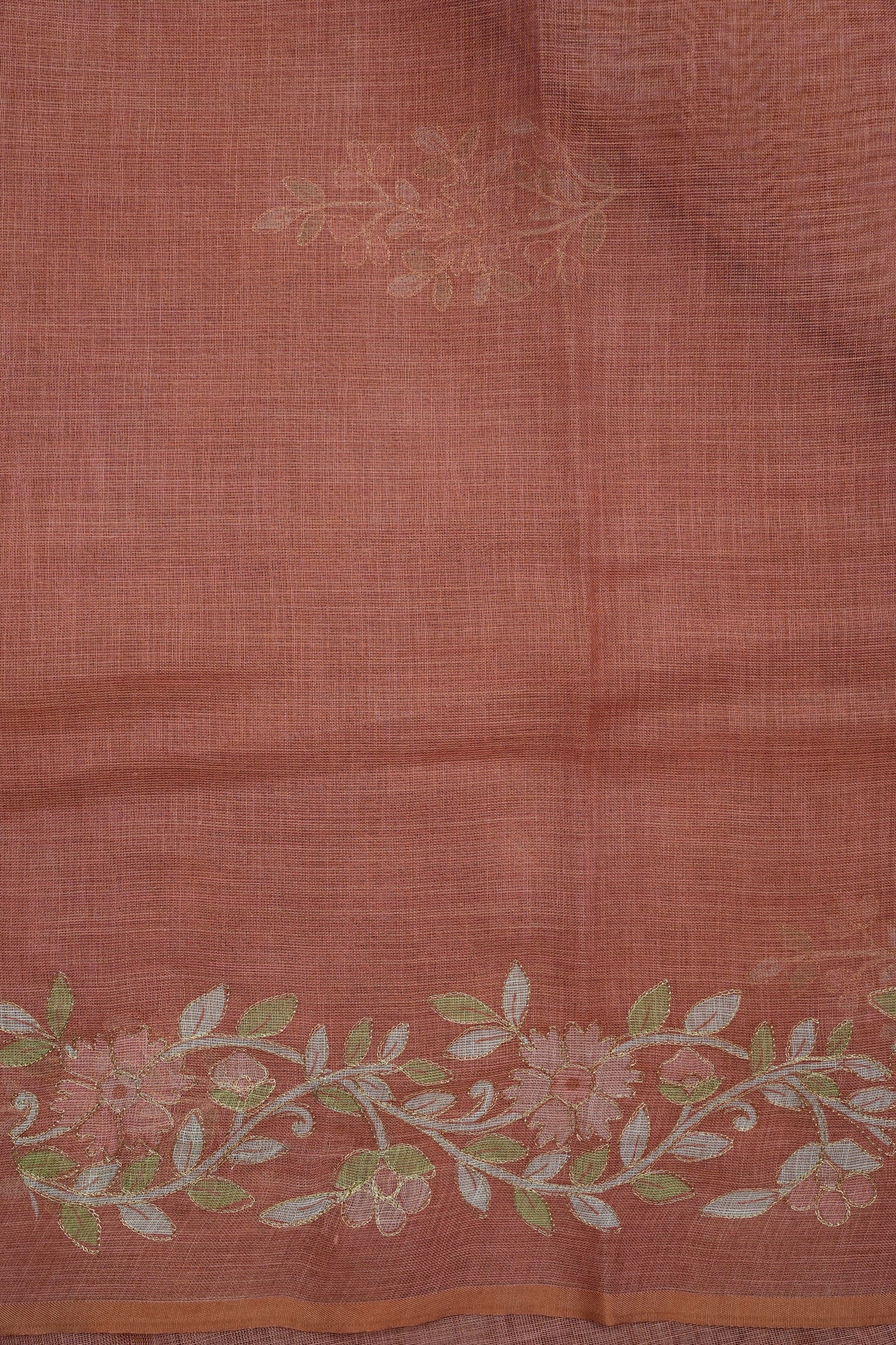 Embroidered Jute Linen Saree - Terracotta Peach