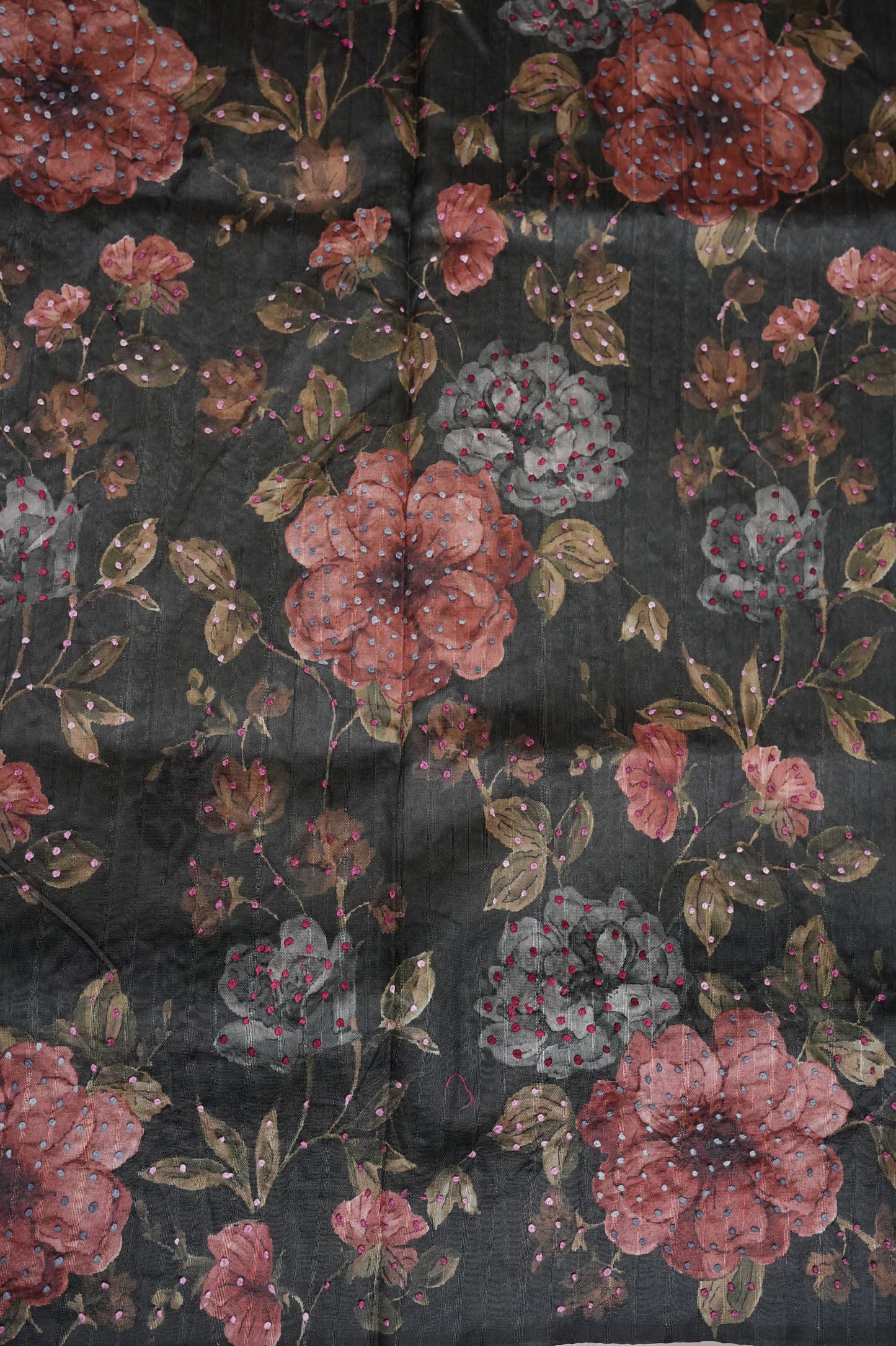 Ivory Semi Raw Silk Saree with Charcoal Grey Digital Floral Printed Border