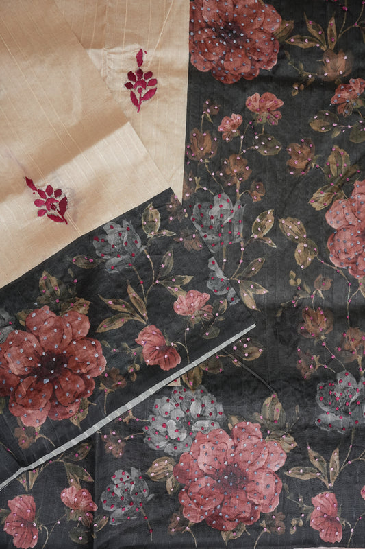 Ivory Semi Raw Silk Saree with Charcoal Grey Digital Floral Printed Border