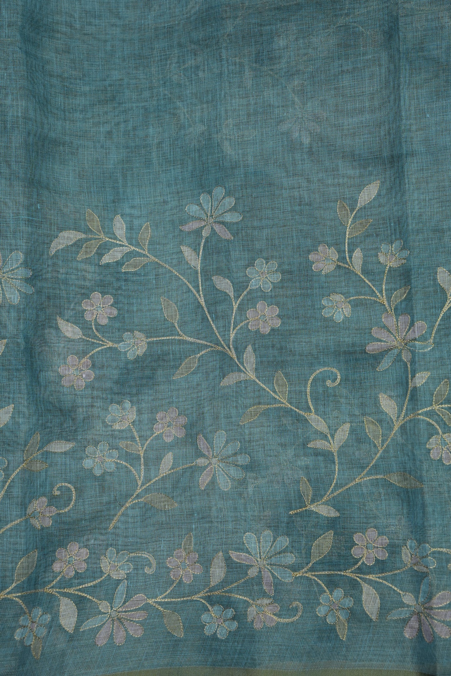 Embroidered Jute Linen Saree - Teal Blue