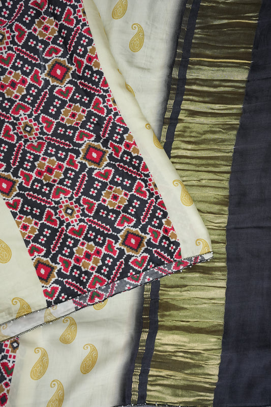 Gajji Silk Saree with Ivory & Charcoal Grey Patola Prints