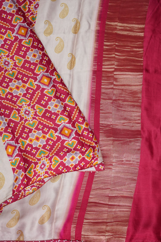 Gajji Silk Saree with Ivory Panels & Raspberry Pink Patola Prints