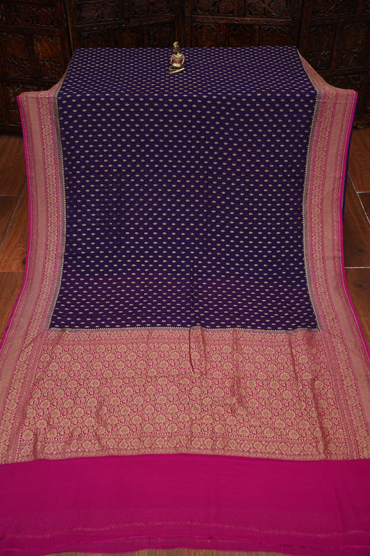 Pure Khadi Georgette Banarasi Saree - Deep Purple & Pink