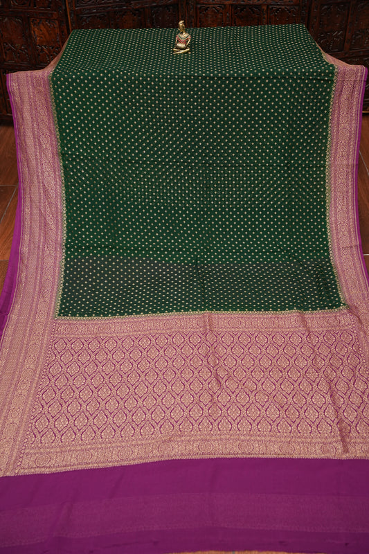 Pure Khadi Georgette Banarasi Saree - Bottle Green & Magenta