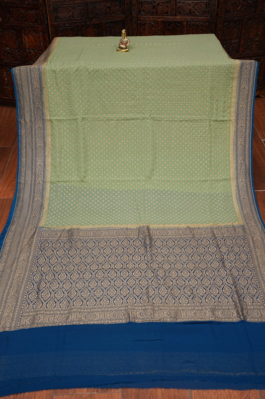 Pure Khadi Georgette Banarasi Saree - Sage Green & Peacock Blue