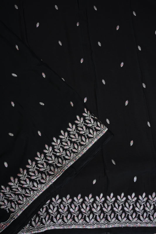 Classic Black Turkey Chiffon Saree with Delicate Leaf Embroidery