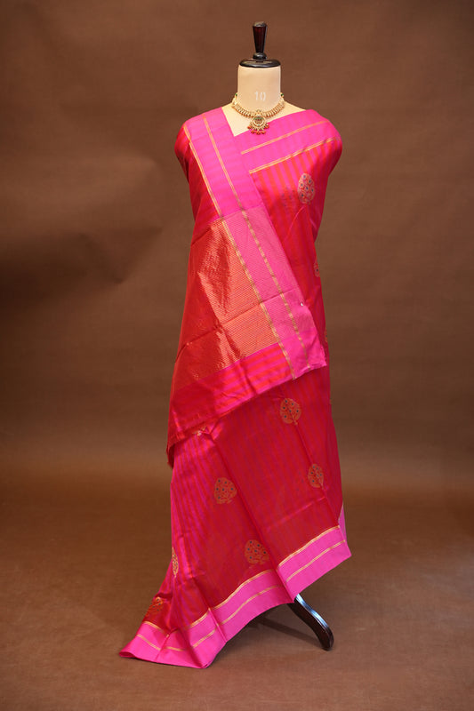 Pure Chanderi Silk Saree with Zari Buttas & Tissue Border - Bright Pink