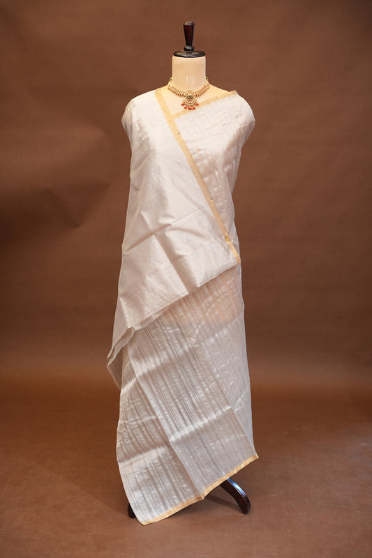 Pure Chanderi Silk Saree with Subtle Stripes & Tissue Border - Ivory Cream