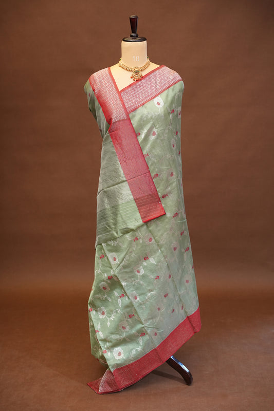 Pure Chanderi Silk Saree with Zari Buttas & Tissue Border - Sea Green