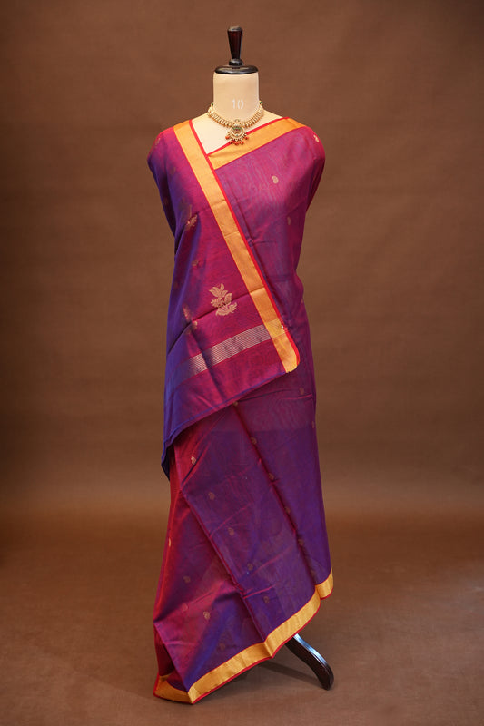 Pure Chanderi Silk Saree with Zari Buttas & Tissue Border - Dark Pink & Purple