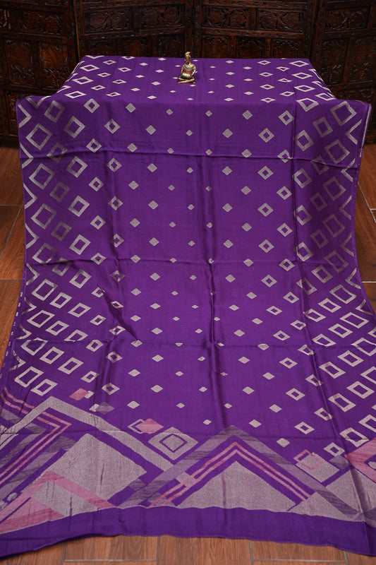 Tussar Banarasi Raw Silk Saree with Geometric Silver Weaving β Royal Purple