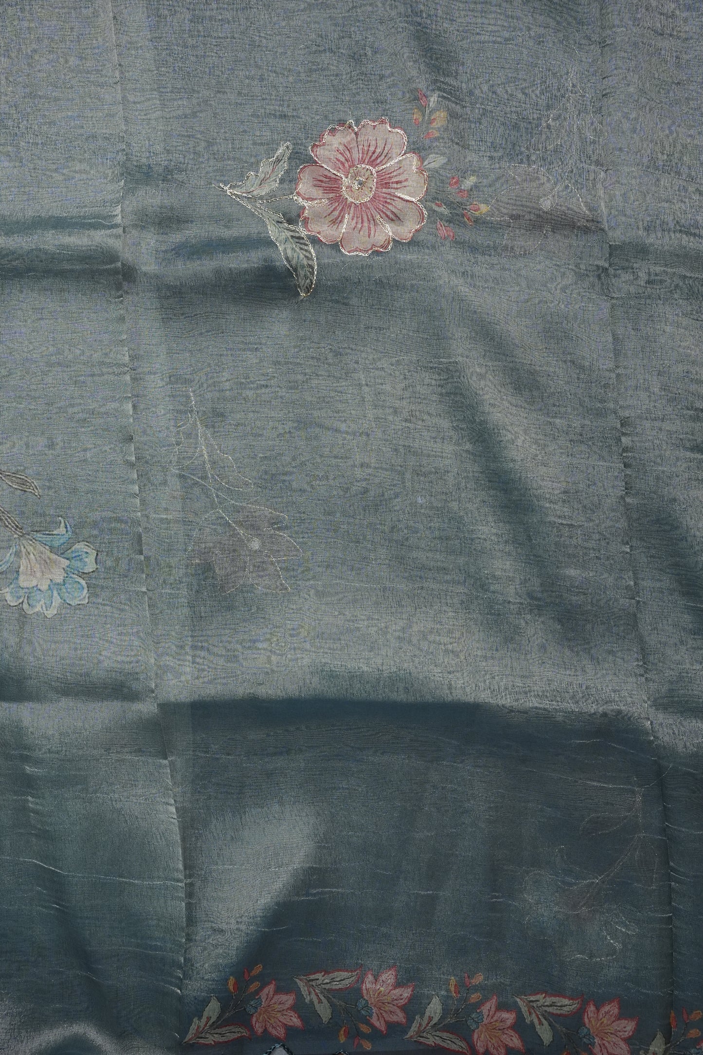 Glass Tissue Organza Designer Party Wear Saree with Digital Floral Prints -Dusty Blue Grey