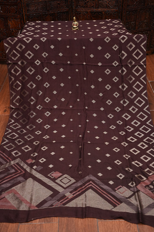 Tussar Banarasi Raw Silk Saree with Geometric Silver Weaving β Coffee Brown