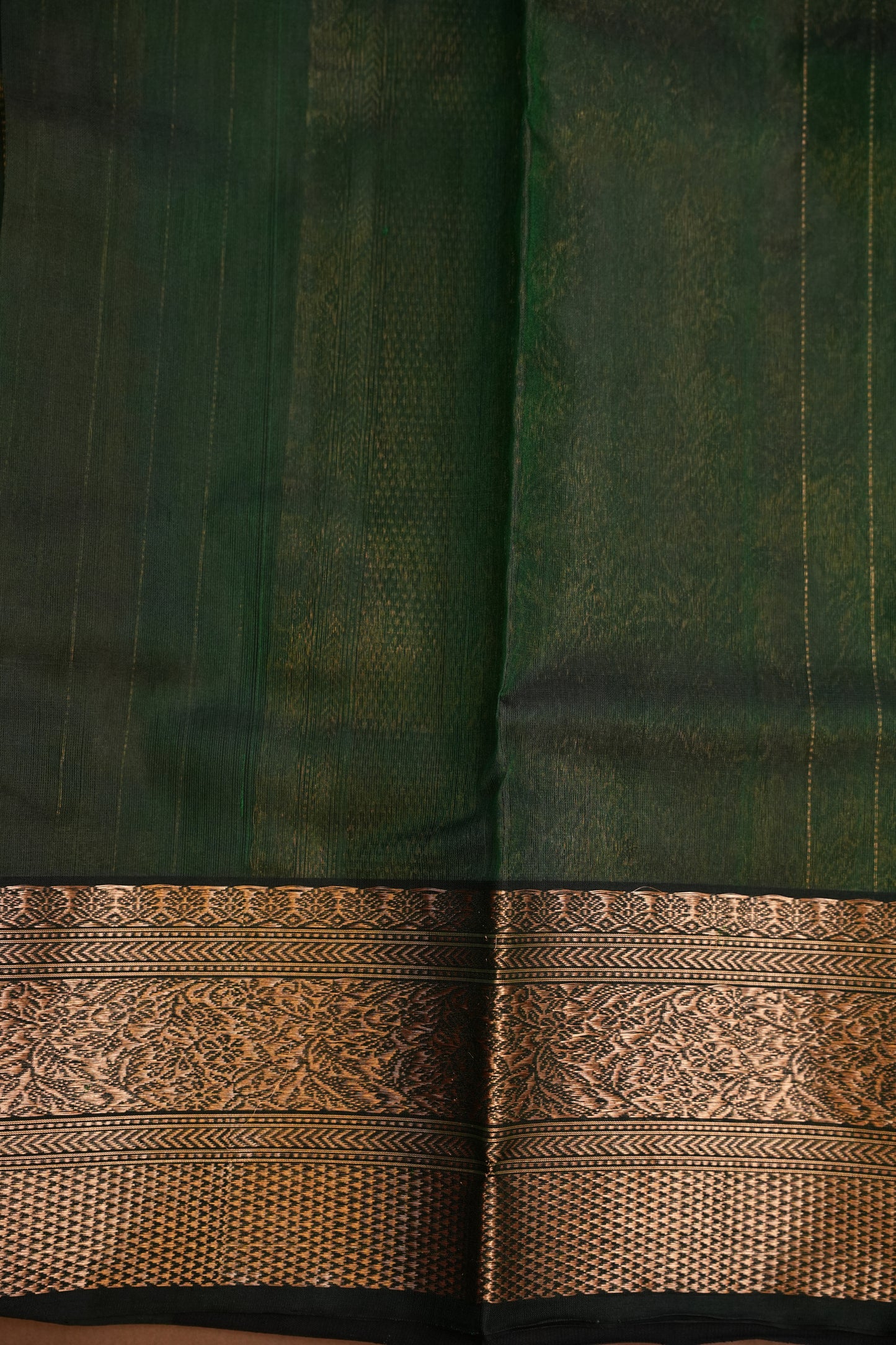 Pure Chanderi Silk Saree with Zari Buttas & Tissue Border - Deep Green