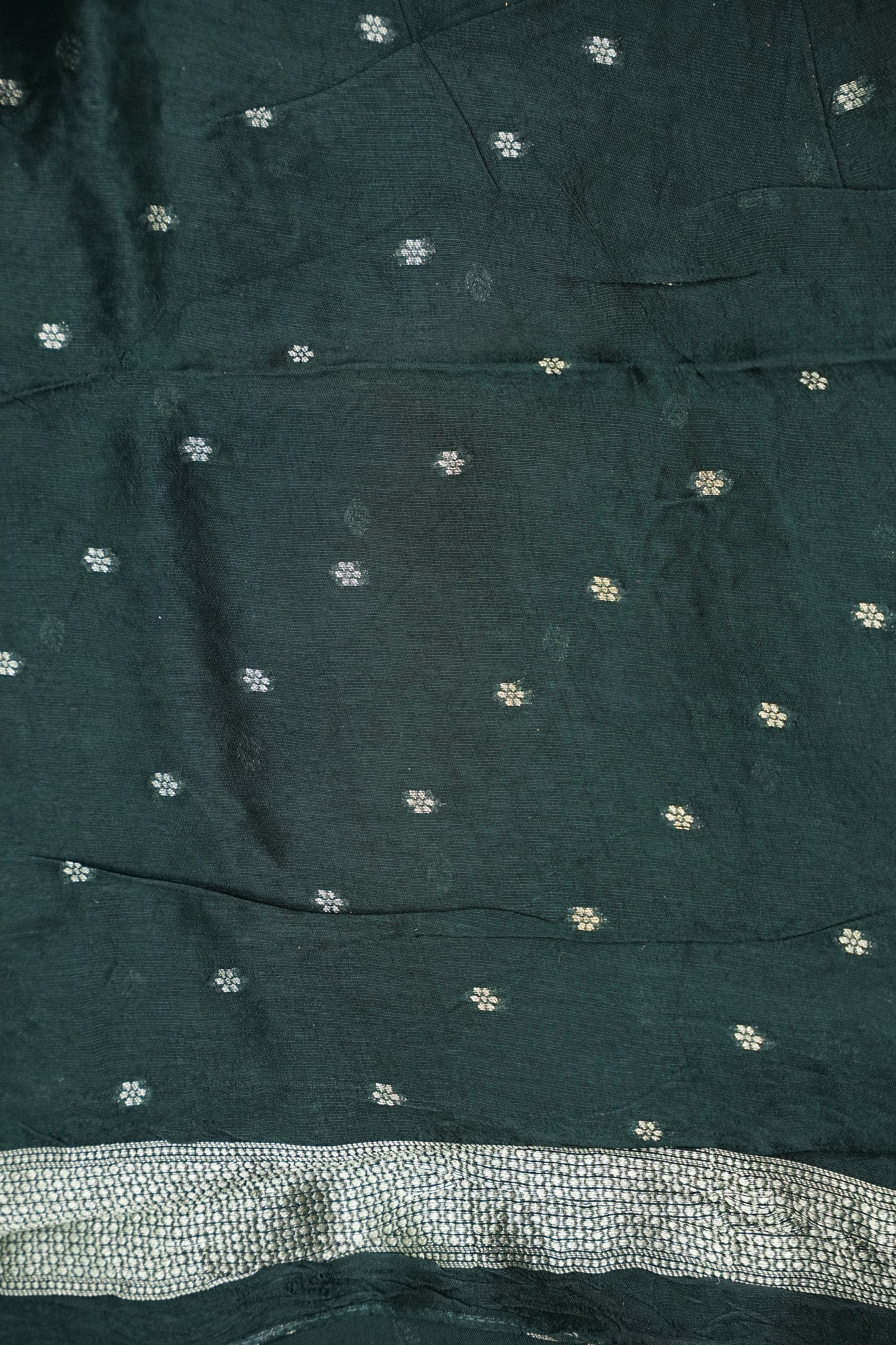 Tussar Banarasi Raw Silk Saree with Floral Zari Butta Weaving – Bottle Green