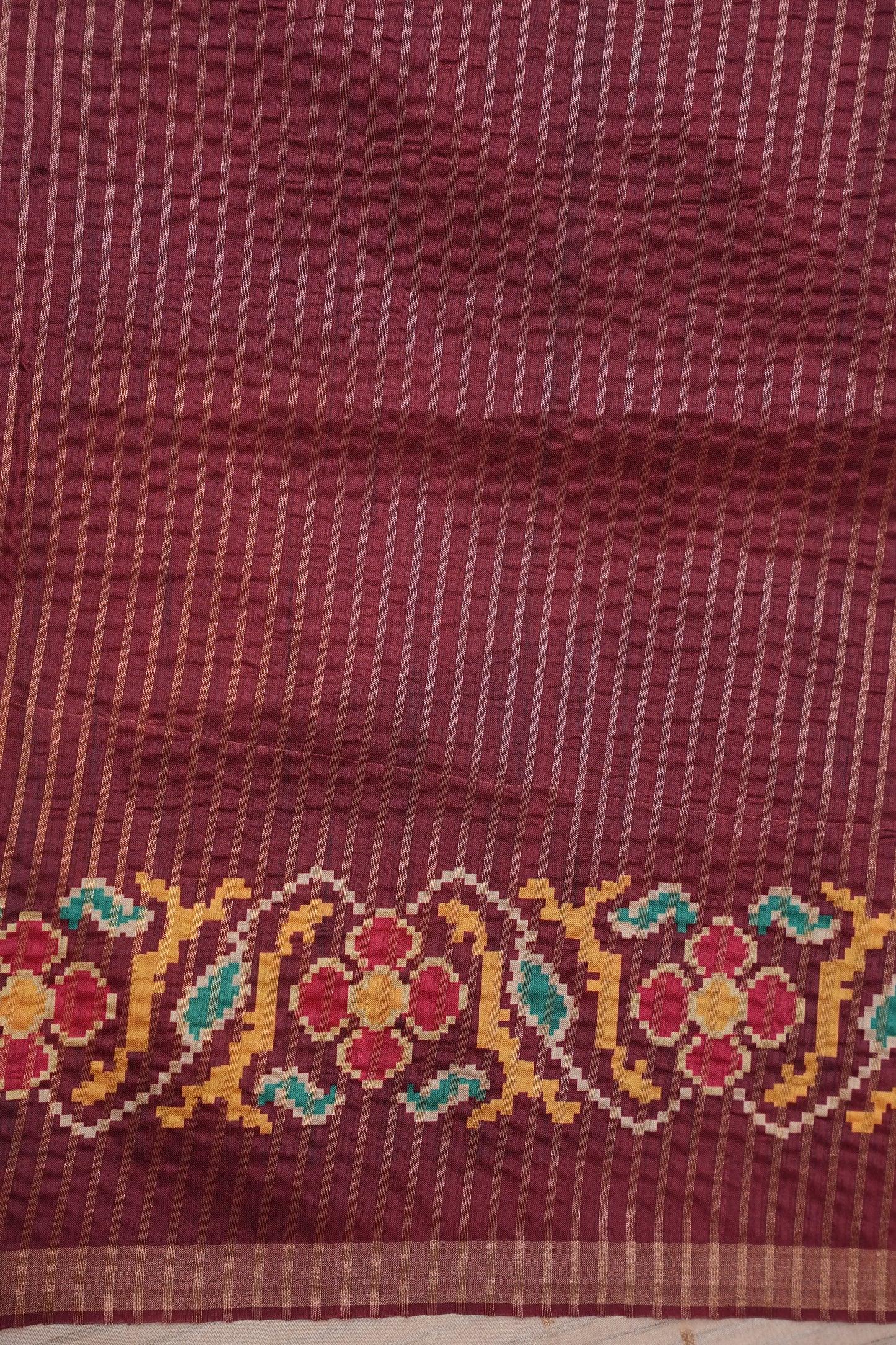 Semi Raw Silk Saree with Patola Prints & Striped Design – Maroon & Beige