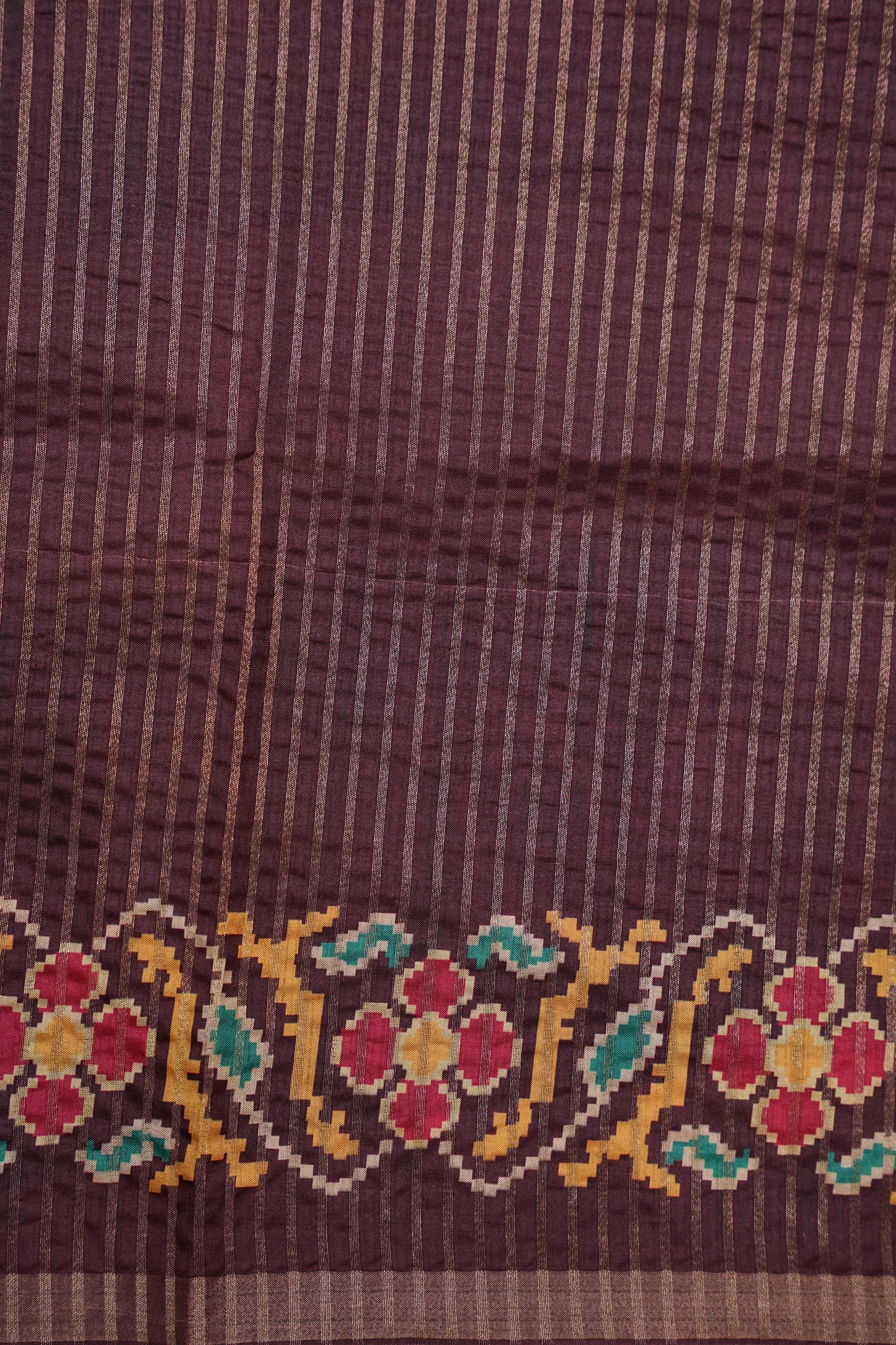 Semi Raw Silk Saree with Patola Prints & Striped Design β Wine & Beige
