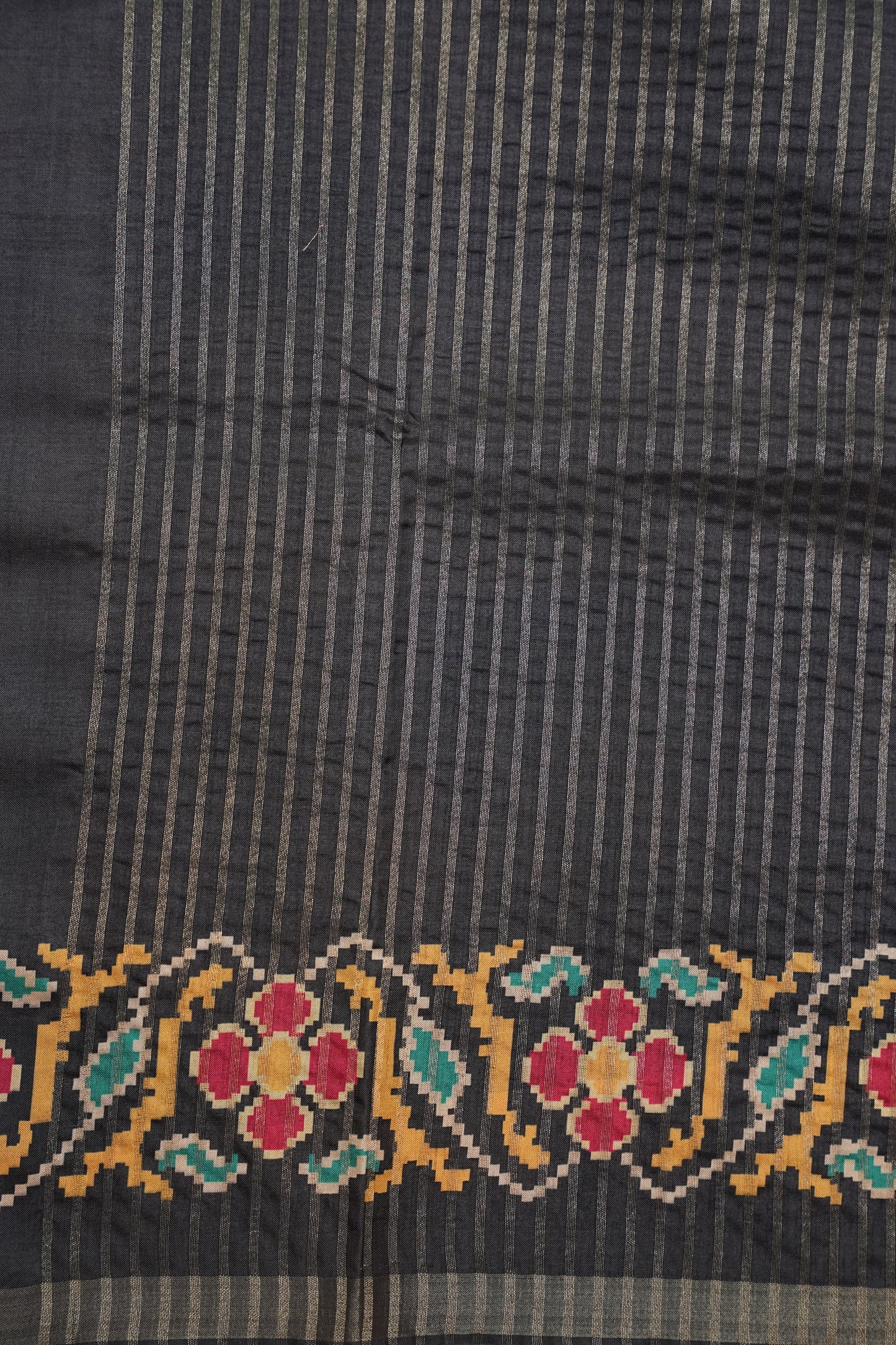 Semi Raw Silk Saree with Patola Prints & Striped Design β Black & Beige