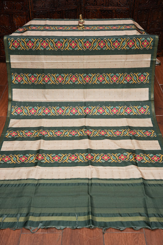 Semi Raw Silk Saree with Patola Prints & Striped Design β Bottle Green & Beige