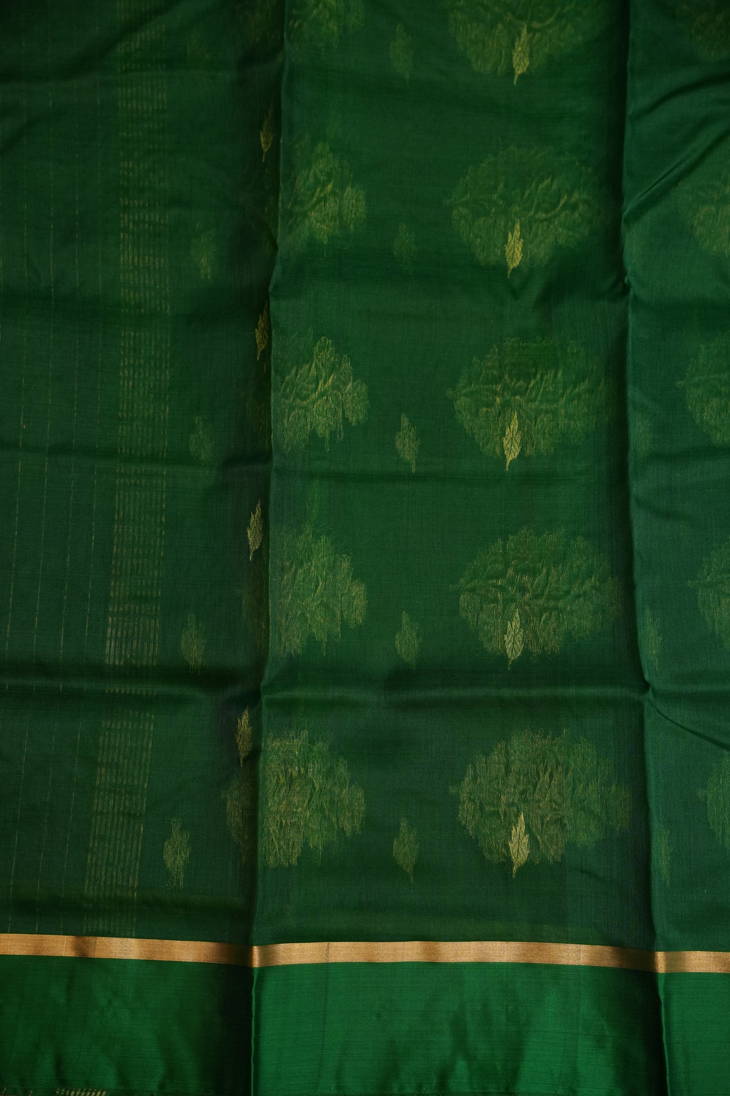 Pure Chanderi Silk Saree with Zari Buttas & Tissue Border - Emerald Green