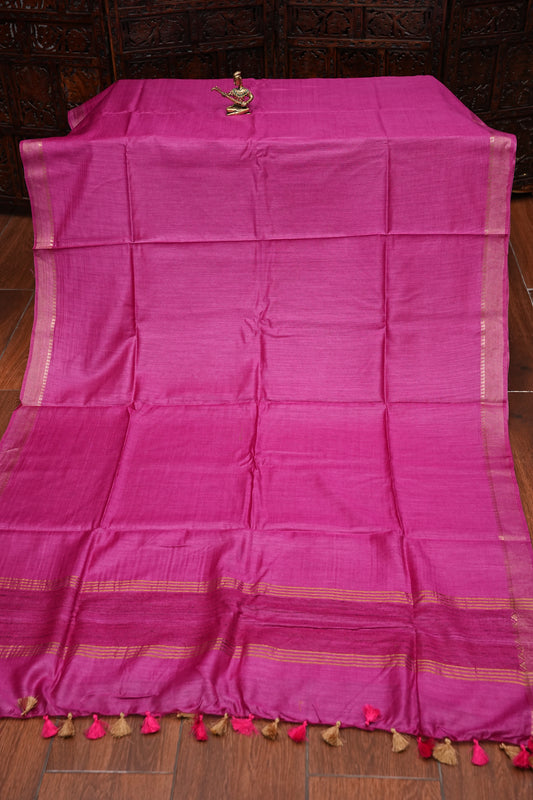 Plain Pure Tussar Silk Saree - Pink