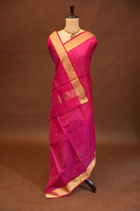 Pure Chanderi Silk Saree with Zari Buttas & Tissue Border - Bright Pink