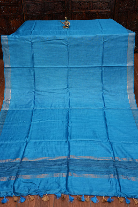 Plain Pure Tussar Silk Saree - Blue